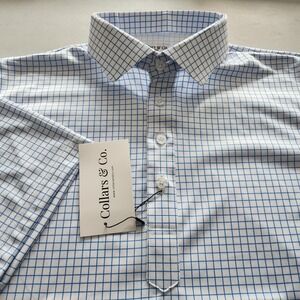 Collars & Co Polo Shirt Mens Size 3XL Relaxed Blue Check Plaid Semi Spread NEW